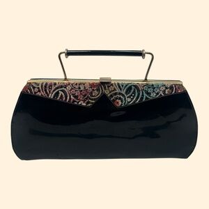 1960s Johansen Vintage Black Patent Leather Handbag with Floral Accent